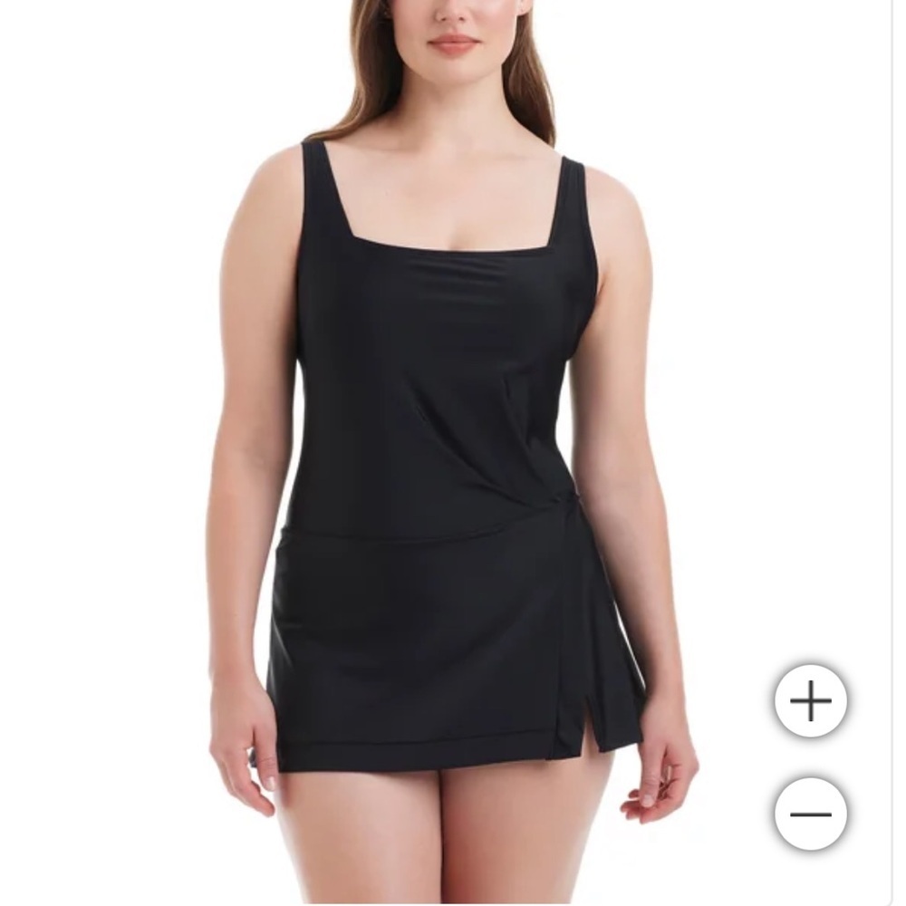 New Beyond‎ control square neck black swim dress